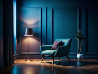 Fototapeta premium Elegant Product Photography of a Dark Color Room Showcasing a Stylish Chair with Minimalist Design and No Plants, Perfect for Interior Design Inspiration and Home Decor Ideas