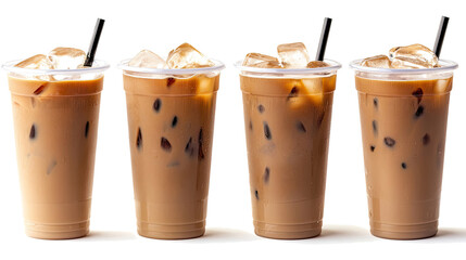 Iced Coffee Drinks With Ice Cubes in Clear Cups on a White Background Generative AI