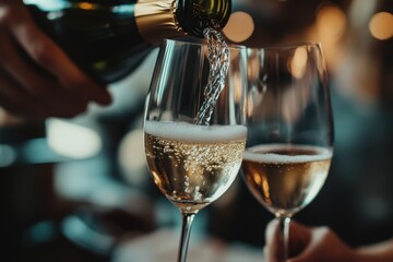 A woman fills a flute with champagne during a catering event with a close up of the pouring