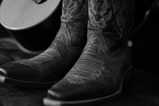 A tight image of two boots a cowboy hat and a guitar neck