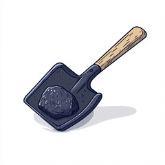 A cartoon-style shovel with a piece of coal on it, featuring a wooden handle and a flat blade.