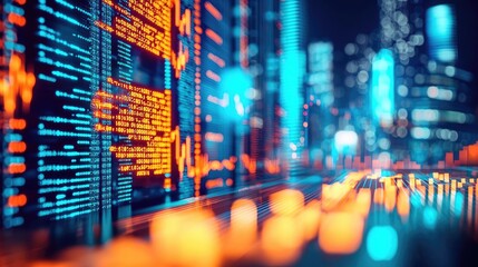 Obraz premium Data visualization with glowing graphs and city lights in a digital landscape.