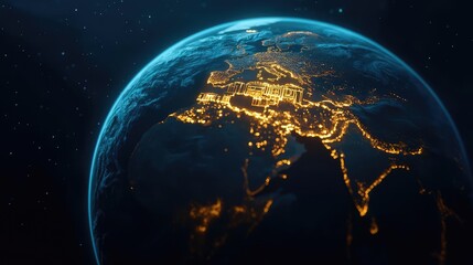 View of Earth from space, illuminated cities at night, black background.