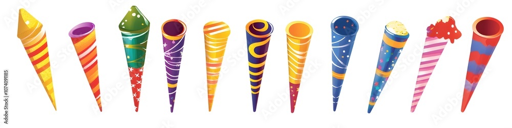 Aufkleber Collection of party horns and noisemakers with festive colors and patterns, each carefully arranged on a clean white background. Vector art, no shadows, 4k resolution, white background