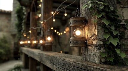 Naklejka premium Chandeliers with warm bulbs hang from latticed wooden beams, casting light on green vines wrapped around poles. The dark wood and foliage create a cozy, rustic ambiance. 