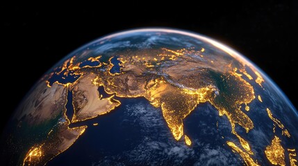 Earth view from space showcasing illuminated continents at night.