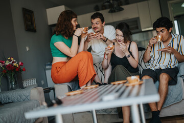 A group of friends sits comfortably in a living room, enjoying coffee and conversation in a relaxed atmosphere. The setting shows a cozy and intimate gathering.