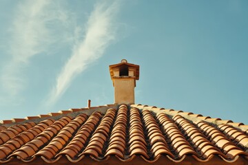 Aged terracotta roof tiles Texture of the tiled roof House beneath a blue sky Wooden chimney vent at the apex Lightning rod along the roofline