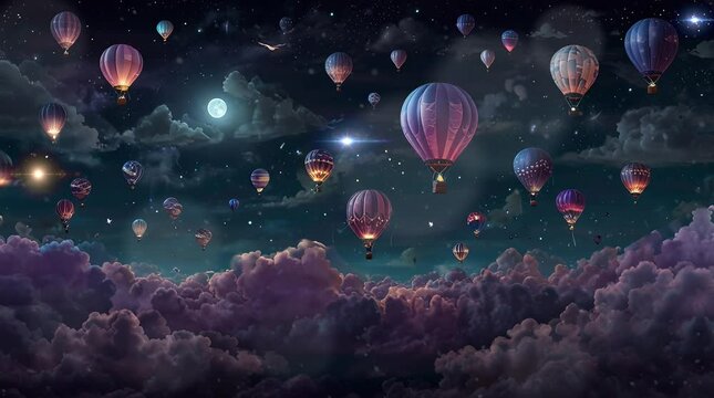 landscape of the night sky with a collection of hot air balloons among clouds and stars. Seamless looping time-lapse virtual 4k video animation background