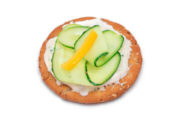 Crispy Cracker Sandwich with Fresh Cucumber, Yellow Paprika and Cottage Cheese - Isolated on White. Easy Breakfast. Quick and Healthy Sandwiches. Crispbread with Tasty Filling. Healthy Dietary Snack
