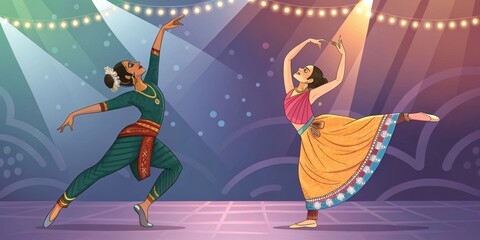 Two graceful indian classical dancers are performing a traditional dance on a brightly lit stage, adorned with festive lights, showcasing the rich cultural heritage of india