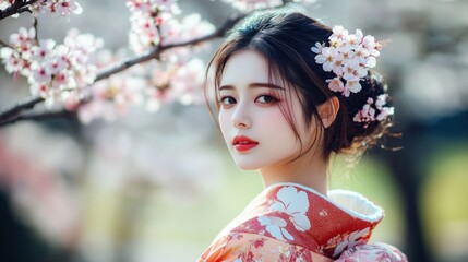 Beautiful Woman in a Traditional Kimono Under Cherry Blossoms