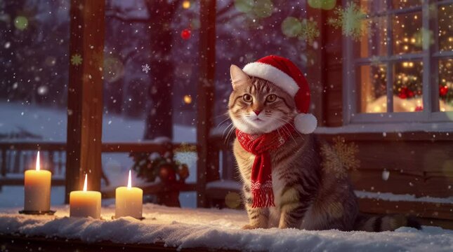 a cute cat who is sitting in front of the door of the house in winter and wearing a Santa suit. Seamless looping time-lapse virtual 4k video animation background