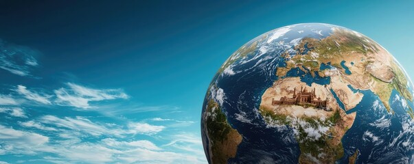 Fototapeta premium Earth in space with blue sky and clouds, stunning planetary view, white isolate background