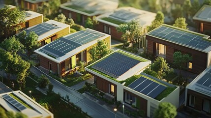 Aerial View of Modern Eco-Friendly Homes with Solar Panels and Green Roofs