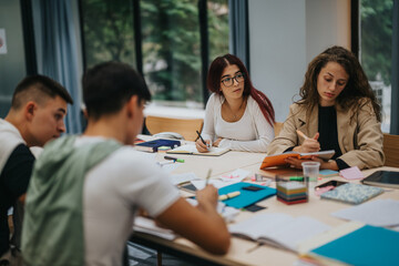 Fototapeta premium A group of diverse students are focused on their studies, collaborating and taking notes in a modern classroom setting.