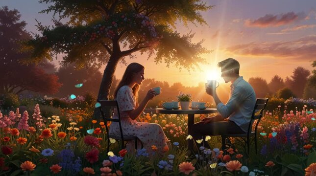 a couple enjoying the beauty of the sunset in the garden while drinking hot tea. Seamless looping time-lapse virtual 4k video animation background