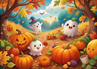 Fototapeta premium Enchanting Halloween Scene with Friendly Ghosts Playing Hide-and-Seek Among Colorful Autumn Leaves and Pumpkins for a Children's Book Page Illustration