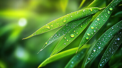 A close-up of water droplets on green leaves