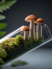 close up of mushrooms growing in moss inside test tube, showcasing nature beauty and intricate details. vibrant colors and textures create captivating scene