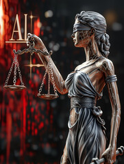 Lady Justice statue with circuit-like patterns, symbolizing AI ethics and law. Represents compliance, regulation, and ethical responsibility in the age of artificial intelligence