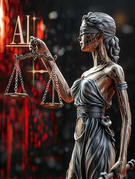 Lady Justice statue with circuit-like patterns, symbolizing AI ethics and law. Represents compliance, regulation, and ethical responsibility in the age of artificial intelligence
