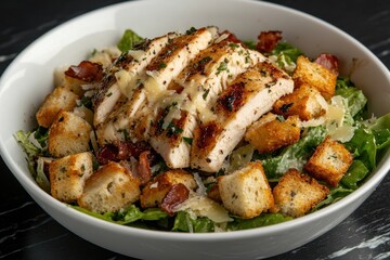 Fototapeta premium Caesar salad bowl with romaine Parmesan bacon chicken and croutons