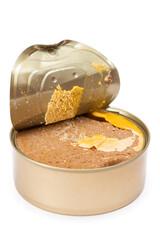 Opened Tin Can with Chicken Liver Pate Isolated on White Background. Open Canned Pate - Isolation