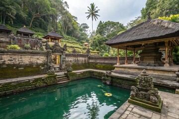 Obraz premium Enchanting Pool at Goa Gajah Ancient Temple Surrounded by Lush Foliage and Mystical Statues in Bali, Indonesia Capturing Nature's Serenity and Cultural Heritage