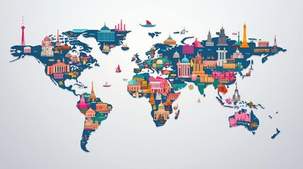Colorful world map with iconic landmarks and city illustrations.
