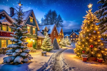 Enchanting White Christmas Night with Illuminated Christmas Trees and Snow-Covered Houses in a Serene Urban Setting