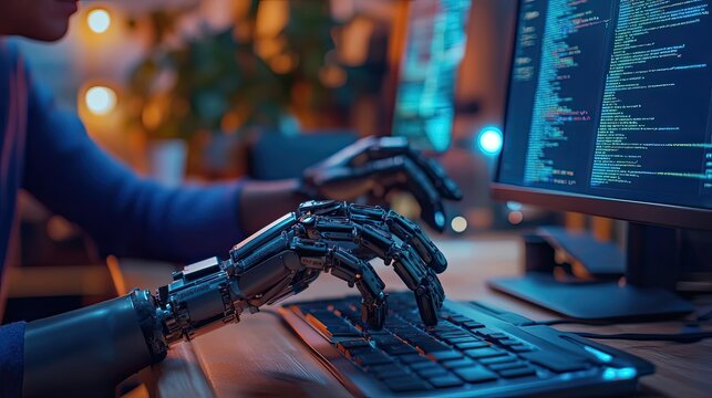 A Robotic Arm Typing on a Keyboard in Front of a Computer Screen