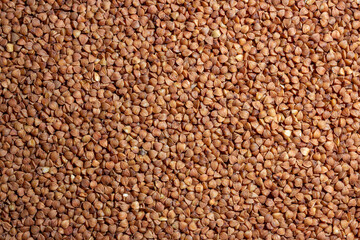 Dry Uncooked Brown Buckwheat Groats Background - Top View, Flat Lay. Raw Large Buckwheat Grains. Russian, Ukrainian and Belarusian Culture