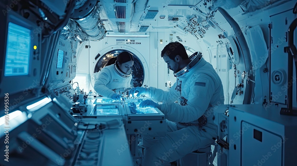 Wall mural two astronauts working on a control panel inside a spacecraft