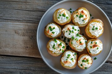Close up of boiled jacket potatoes filled with cottage cheese sour cream and green onions on a wooden table Horizontal aerial view