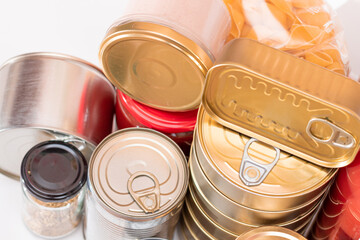 Food Reserves: Canned Food, Spaghetti, Pate, Tuna, Tomato Juice, Pasta, Fish and Grocery. Emergency Food Storage in Case of Crisis. Strategic Food Supplies