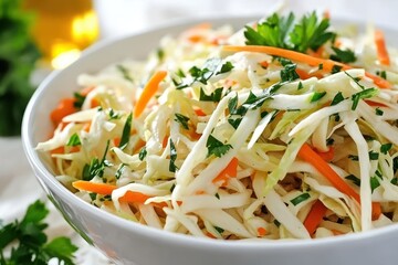 Closeup of a bowl of Greek coleslaw with cabbage carrots and parsley dressed in vinegar and olive oil on the table