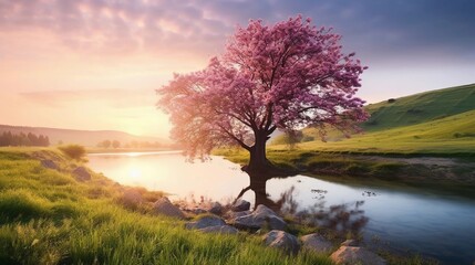 A serene landscape featuring a blooming tree by a calm river at sunset.