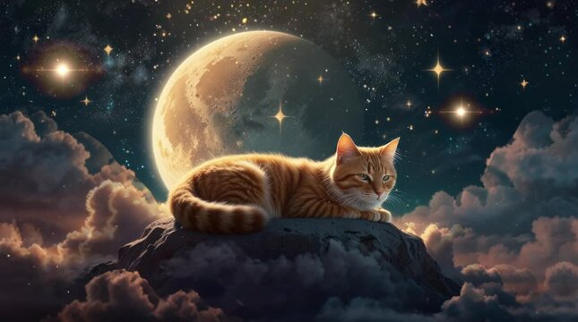 a cat sleeping on a cloud at night with a view of the full moon and stars. Seamless looping time-lapse virtual 4k video animation background