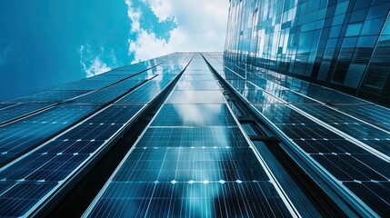 Modern Skyscraper Facade with Solar Panels and Blue Sky