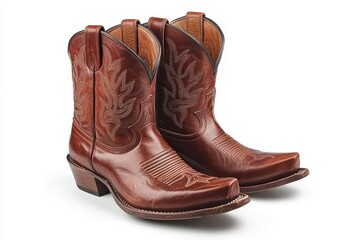 Cowboy hat and leather boots set against a white backdrop with clipping path