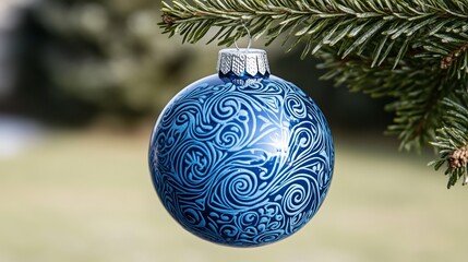 Blue Christmas Ornament with White Swirl Pattern