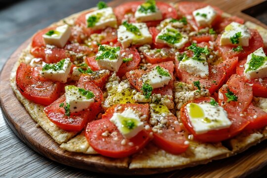 Cretan dakos is a traditional salad featuring barley rusk tomatoes cheese and olive oil displayed on a wooden board