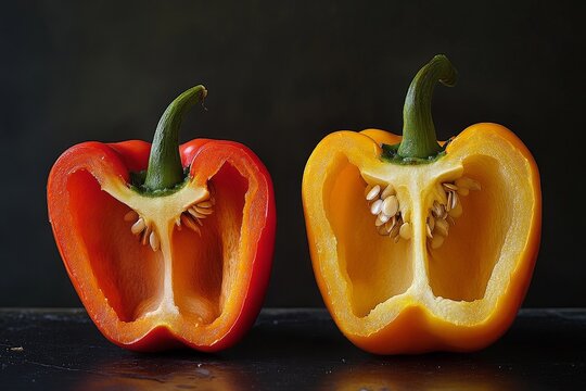 A pepper cut in half, with its seeds visible inside, sitting next to a whole pepper