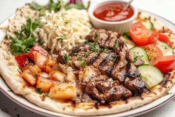 Fototapeta premium Crispy pita stuffed with grilled gyro meat assorted veggies and garlic dressing