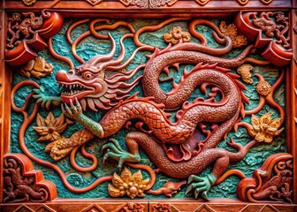 Exquisite Architectural Photography of an Artistic Red Dragon Carving on a Wall, Highlighting Intricate Details and Textures in a Vibrant Setting