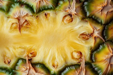 A pineapple cut lengthwise, showing the interior texture and core