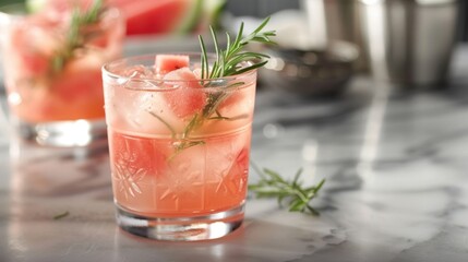 A refreshing watermelon mocktail is garnished with a sprig of rosemary adding a touch of aroma and elegance to the morning ritual.