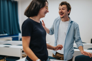 Obraz premium Two students are seen happily engaging in a conversation inside a classroom setting, capturing a moment of joy and camaraderie during their school day.