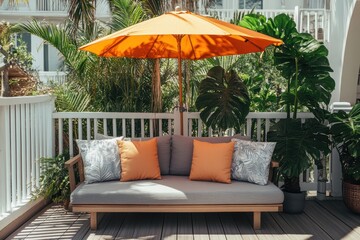 Deck with a sofa orange umbrella and houseplant beside a white fence near a building on a sunny day